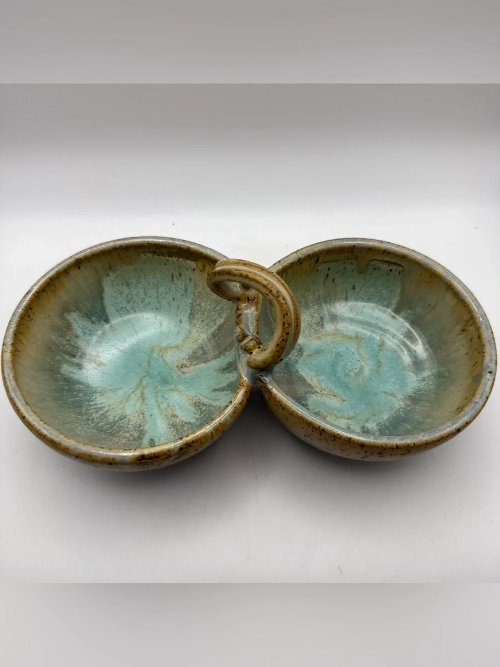 Studio Handmade Pottery Double Serving Dish Aqua Blue Periwinkle & Brown Signed